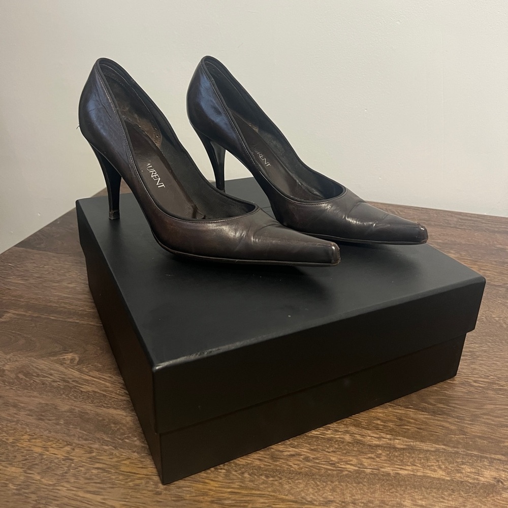 SAINT LAURENT 2000s Y2K POINTED TOE PUMPS CHOC BROWN LEATHER SIZE IT 40.5